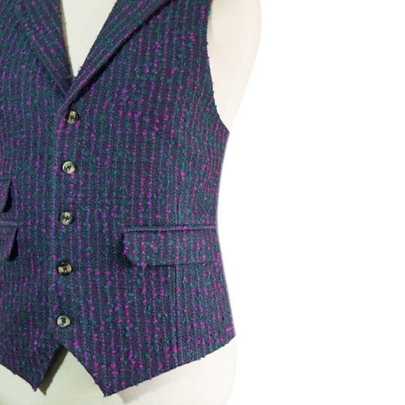 Mens 46R Tweed Wool Waistcoat Teal Purple Speckled Herringbone Vest Formal Party - Picture 5 of 8